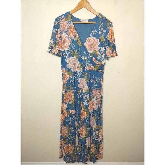 Harlow & Rose Floral Maxi Dress Stretch Mesh Knit Surplice Boho - Picture 1 of 10